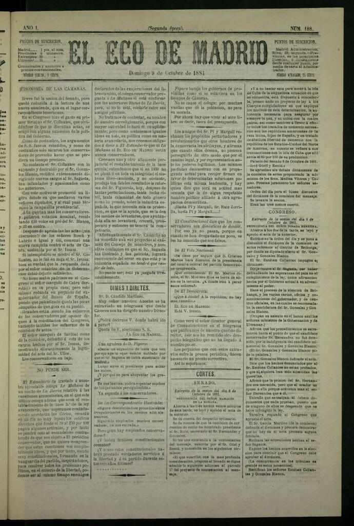 Miniatura de El Eco de Madrid : diario político de la tarde del 9 de octubre de 1881, nº 188