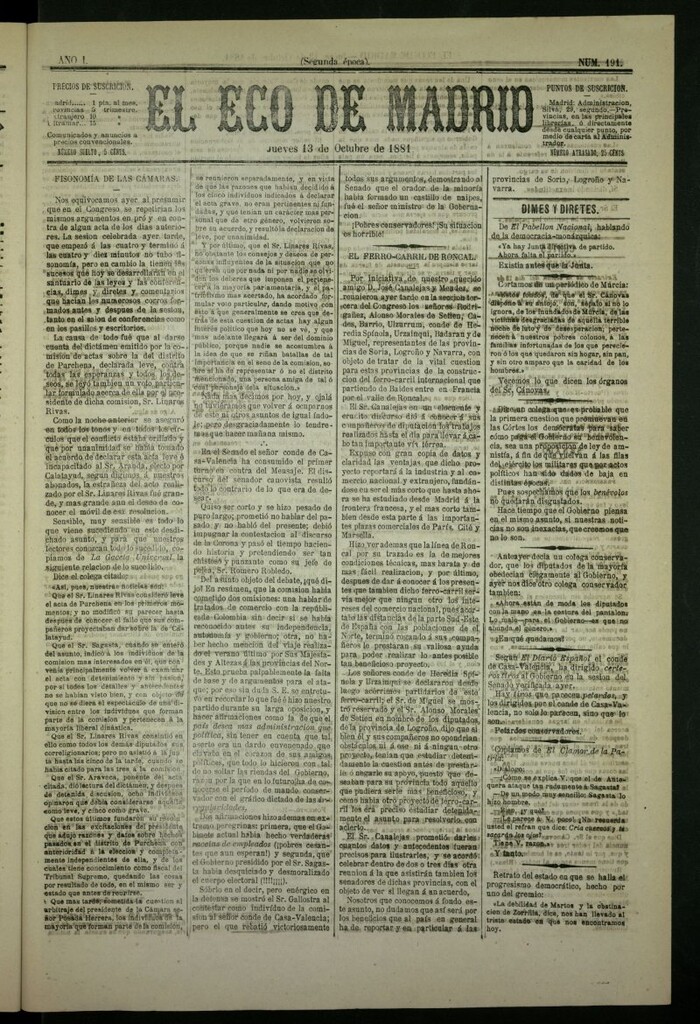 Miniatura de El Eco de Madrid : diario político de la tarde del 13 de octubre de 1881, nº 191