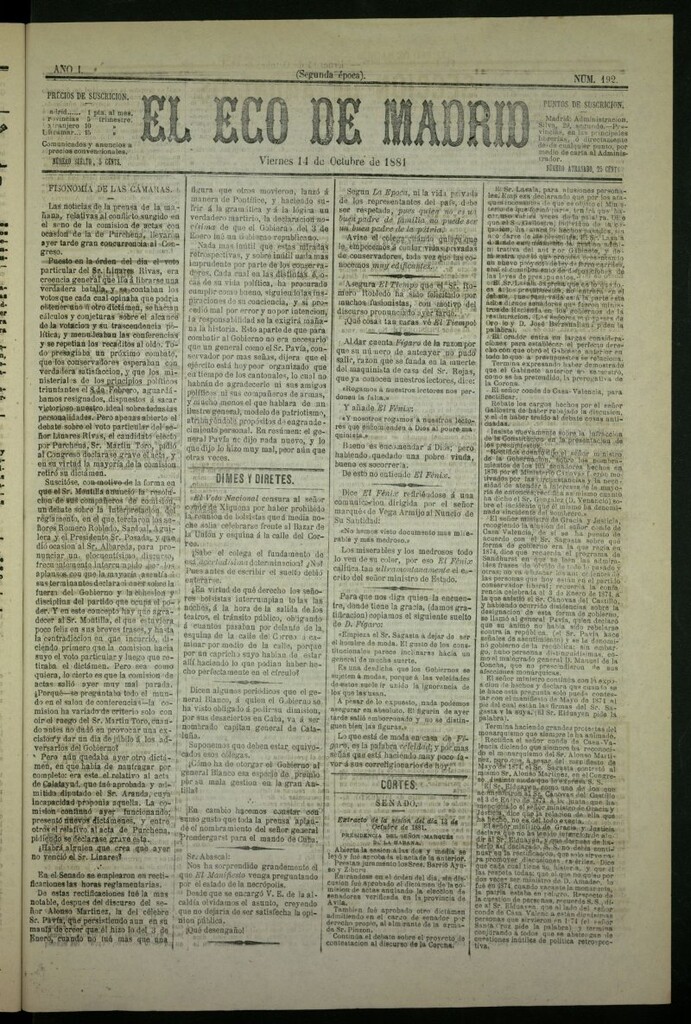 Miniatura de El Eco de Madrid : diario político de la tarde del 14 de octubre de 1881, nº 192