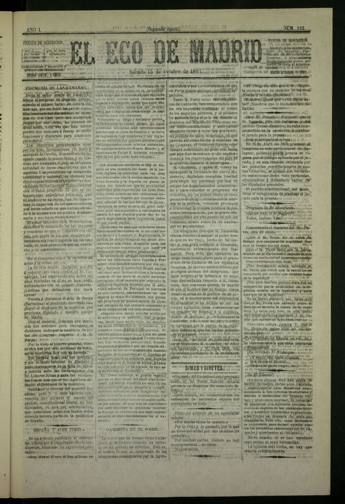 Miniatura de El Eco de Madrid : diario político de la tarde del 15 de octubre de 1881, nº 193
