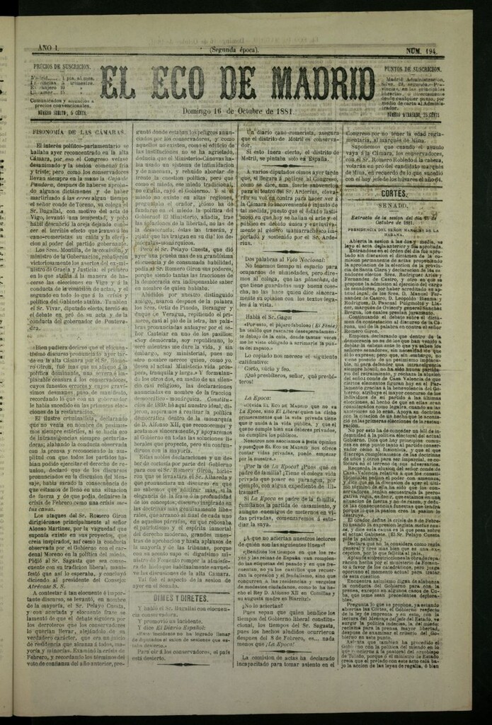 Miniatura de El Eco de Madrid : diario político de la tarde del 16 de octubre de 1881, nº 194