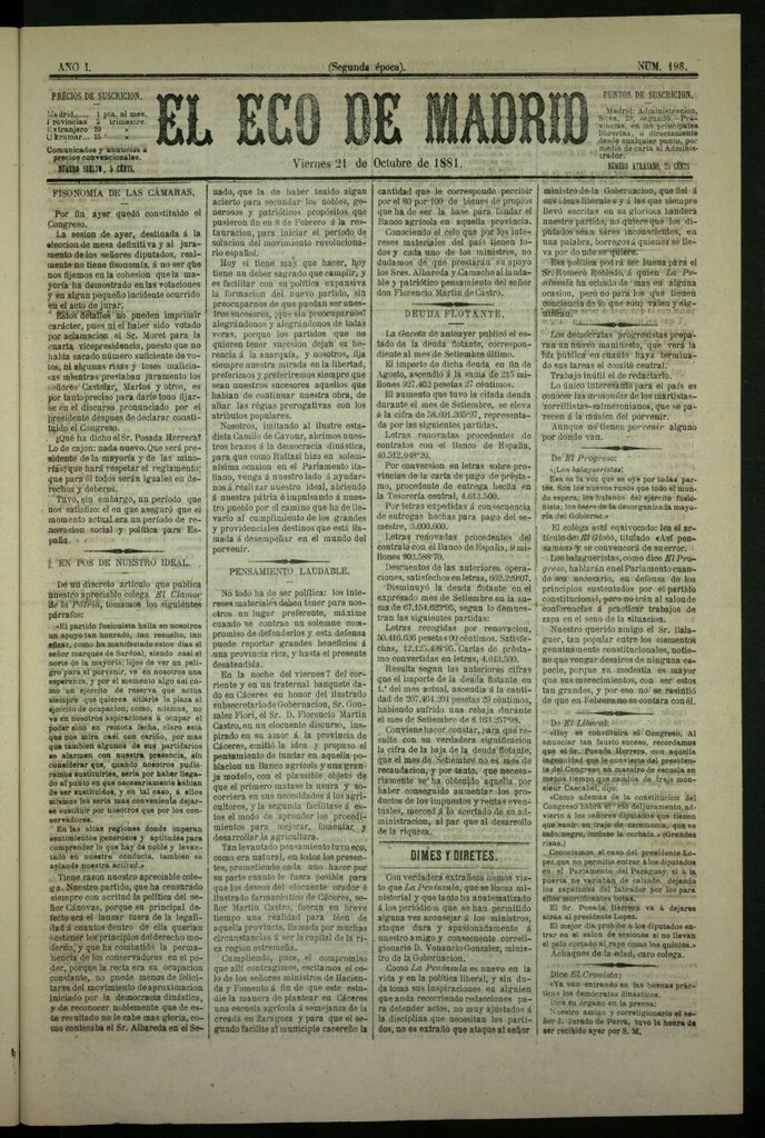 Miniatura de El Eco de Madrid : diario político de la tarde del 21 de octubre de 1881, nº 198