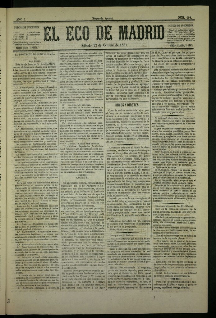 Miniatura de El Eco de Madrid : diario político de la tarde del 22 de octubre de 1881, nº199