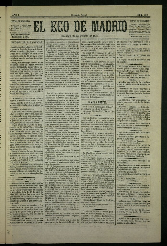 Miniatura de El Eco de Madrid : diario político de la tarde del 23 de octubre de 1881, nº 200
