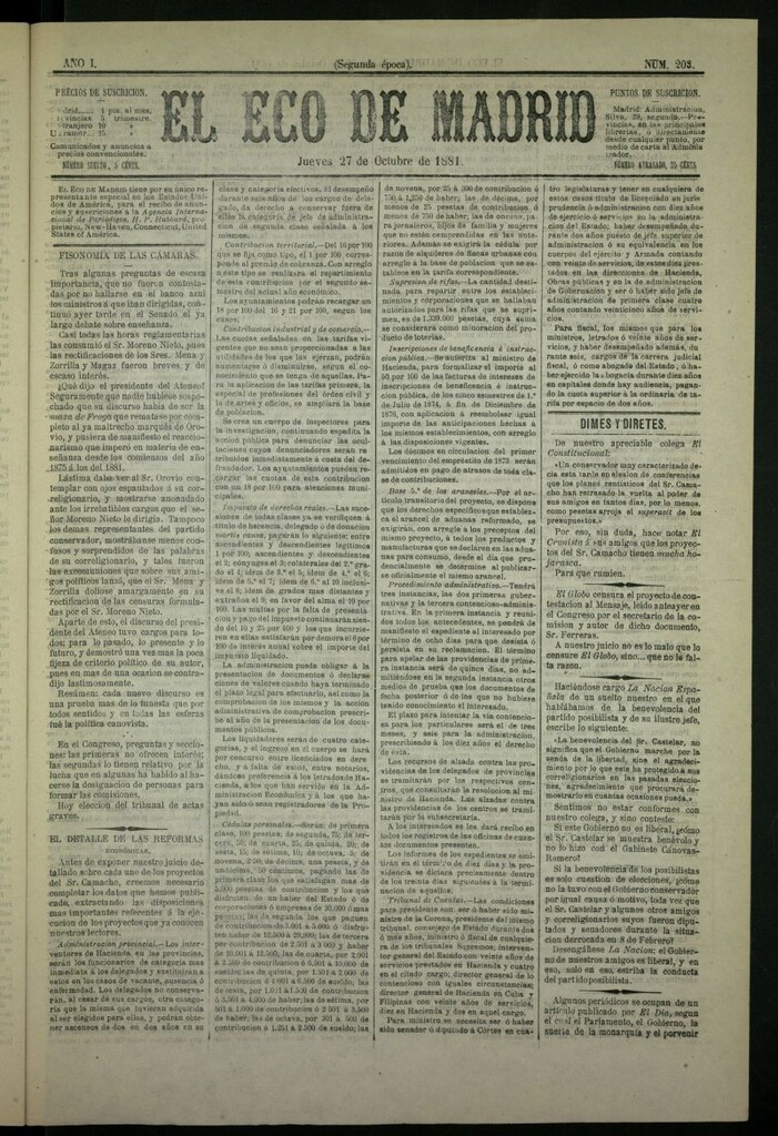 Miniatura de El Eco de Madrid : diario político de la tarde del 27 de octubre de 1881, nº 203