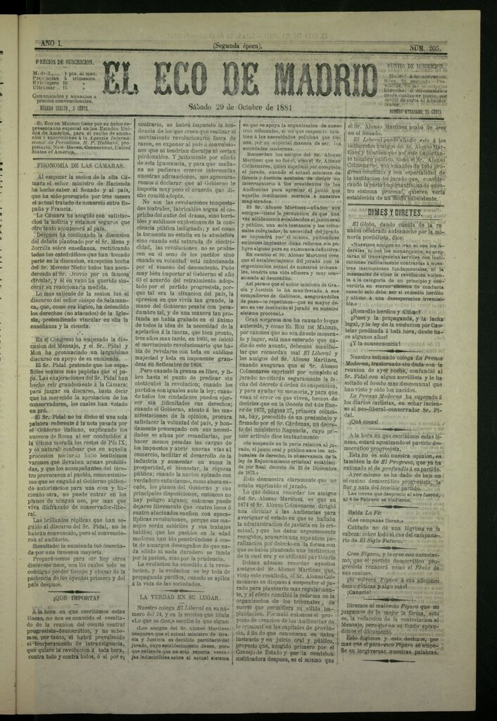 Miniatura de El Eco de Madrid : diario político de la tarde del 29 de octubre de 1881, nº 205