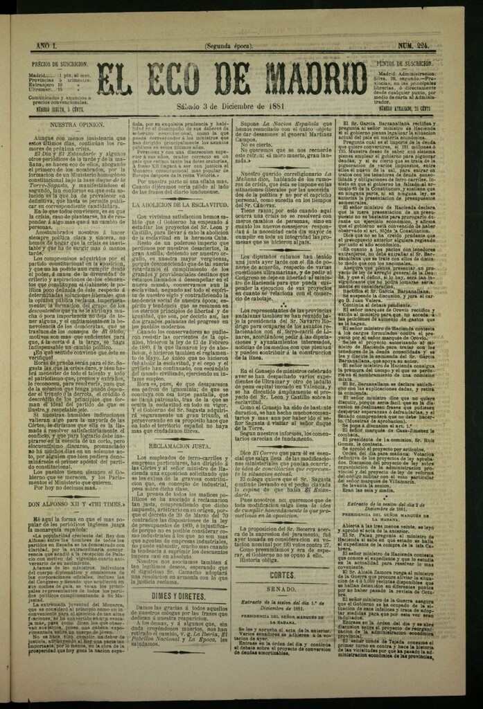 Miniatura de El Eco de Madrid : diario político de la tarde del 3 de diciembre de 1881, nº 224