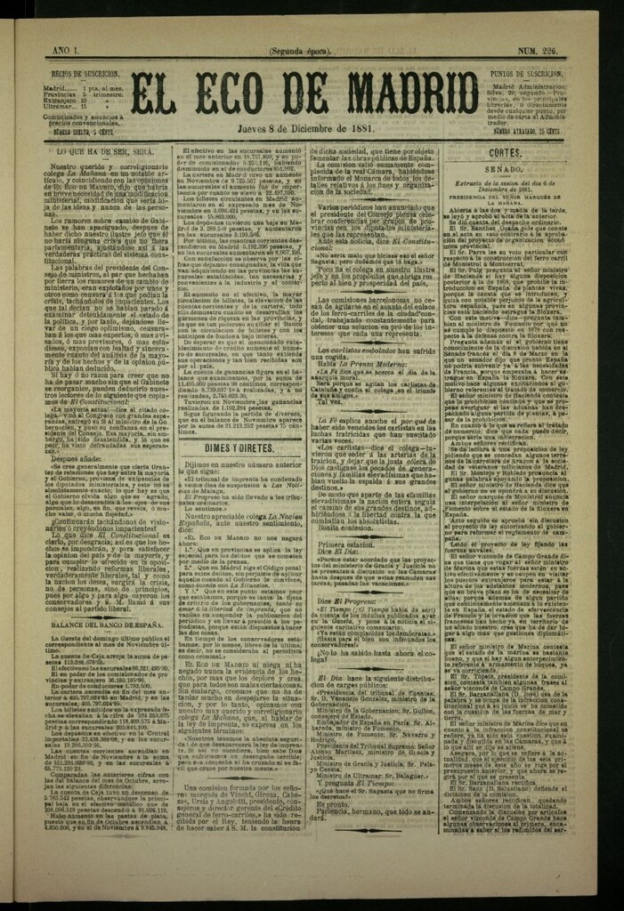 Miniatura de El Eco de Madrid : diario político de la tarde del 8 de diciembre de 1881, nº 226