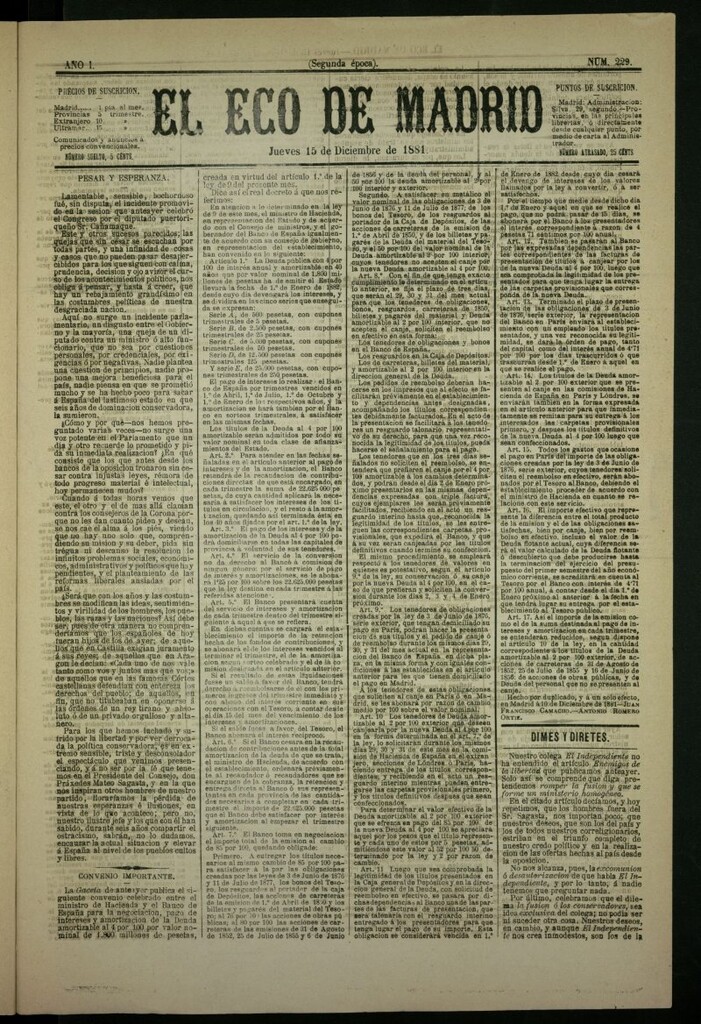 Miniatura de El Eco de Madrid : diario político de la tarde del 15 de diciembre de 1881, nº 229