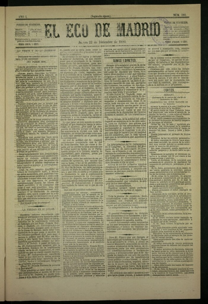 Miniatura de El Eco de Madrid : diario político de la tarde del 22 de diciembre de 1881, nº 232
