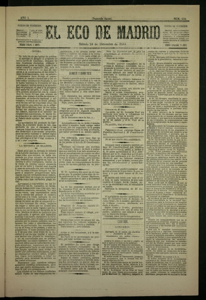 Miniatura de El Eco de Madrid : diario político de la tarde del 24 de diciembre de 1881, nº 234