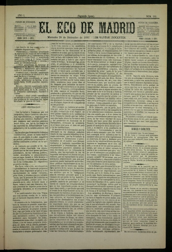 Miniatura de El Eco de Madrid : diario político de la tarde del 28 de diciembre de 1881, nº 235