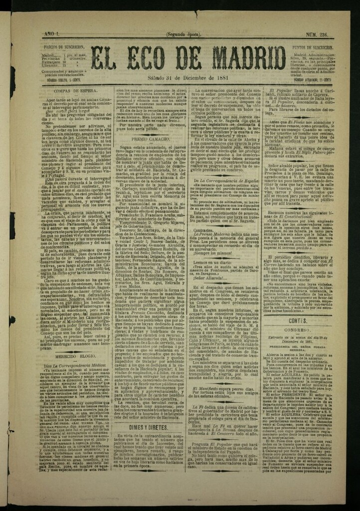 Miniatura de El Eco de Madrid : diario político de la tarde del 31 de diciembre de 1881, nº 236