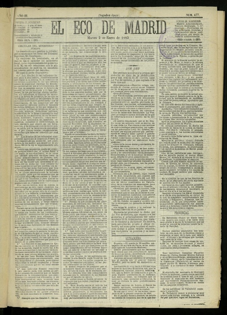 Miniatura de El Eco de Madrid : diario político de la tarde del 2 de enero de 1883, nº 477