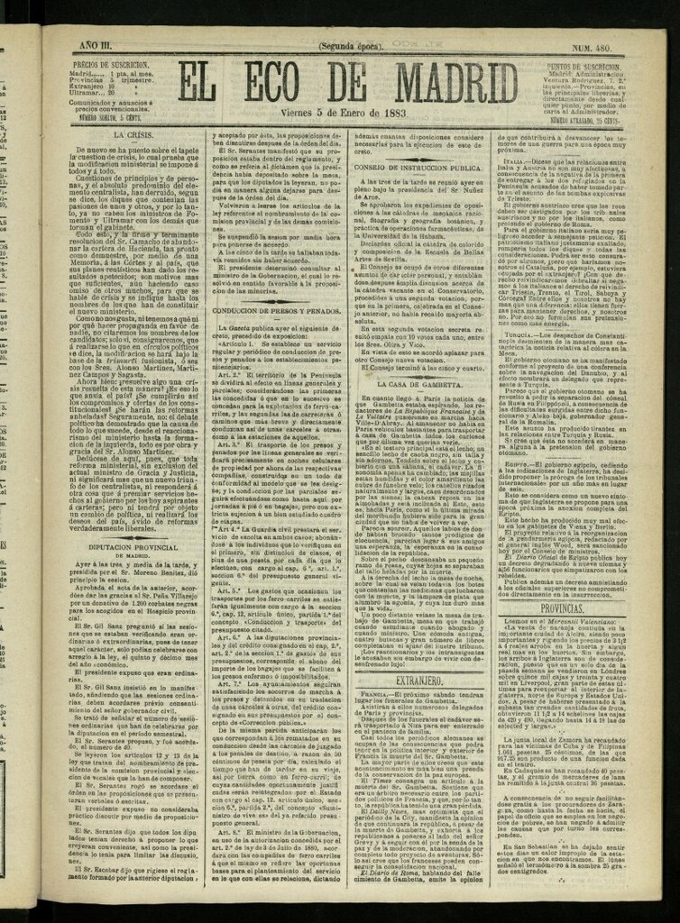 Miniatura de El Eco de Madrid : diario político de la tarde del 5 de enero de 1883, nº 480