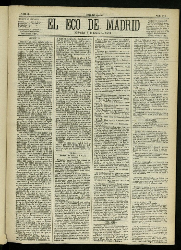 Miniatura de El Eco de Madrid : diario político de la tarde del 3 de enero de 1883, nº 478