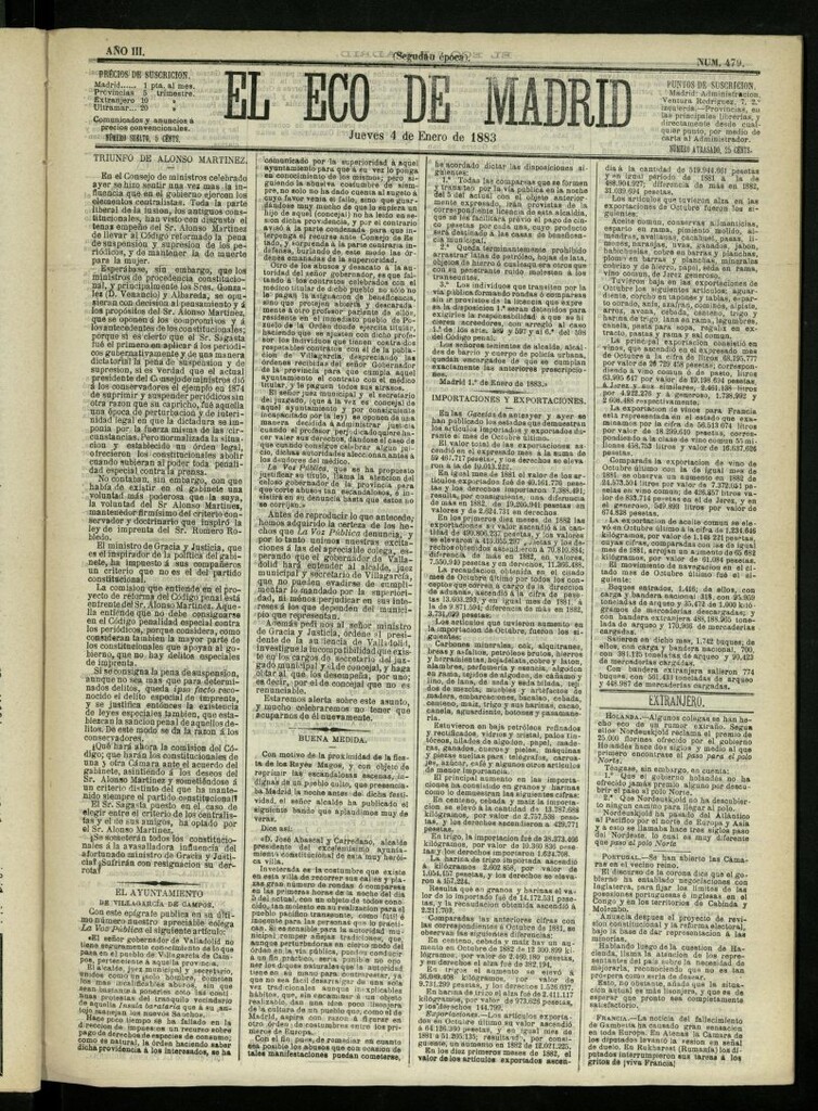Miniatura de El Eco de Madrid : diario político de la tarde del 4 de enero de 1883, nº 479