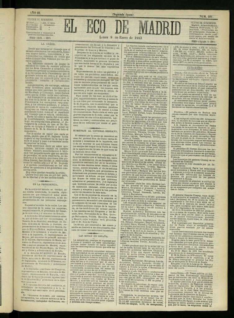 Miniatura de El Eco de Madrid : diario político de la tarde del 8 de enero de 1883, nº 481