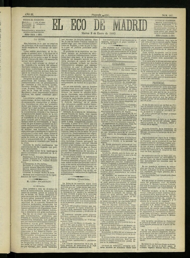 Miniatura de El Eco de Madrid : diario político de la tarde del 9 de enero de 1883, nº 482