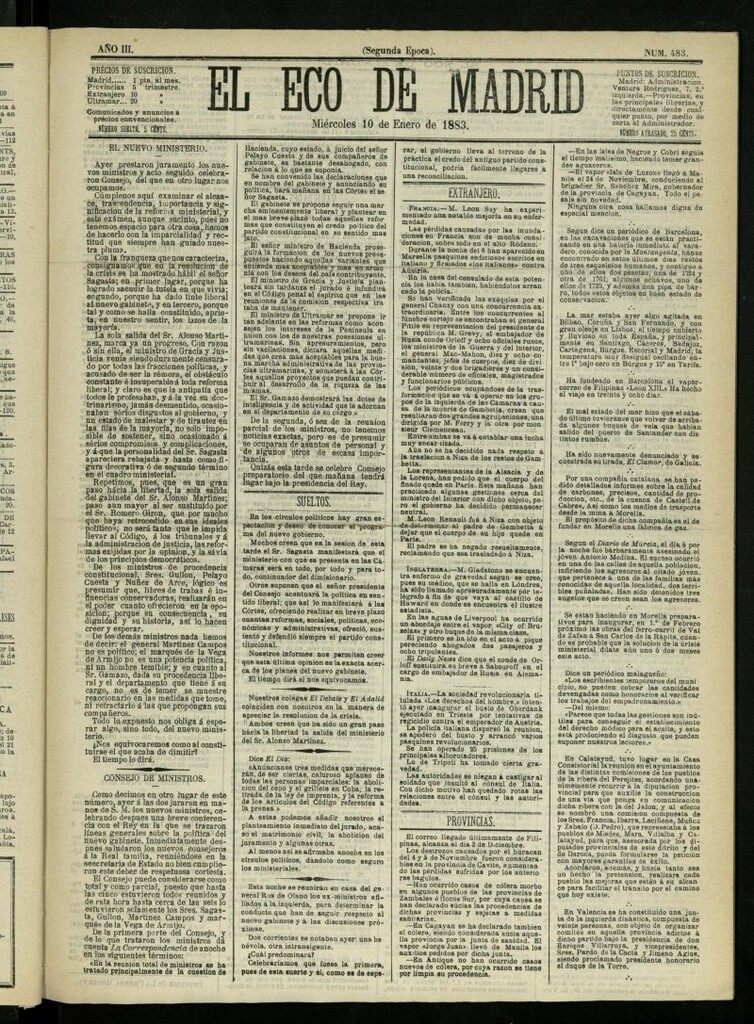 Miniatura de El Eco de Madrid : diario político de la tarde del 10 de enero de 1883, nº 483