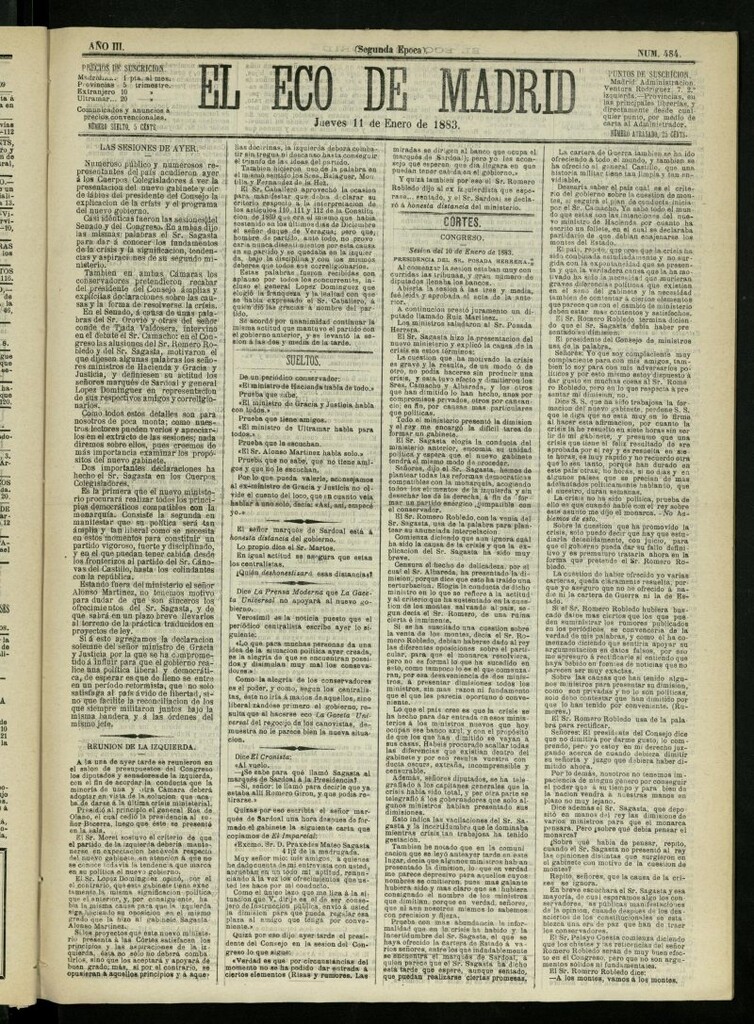 Miniatura de El Eco de Madrid : diario político de la tarde del 11 de enero de 1883, nº 484