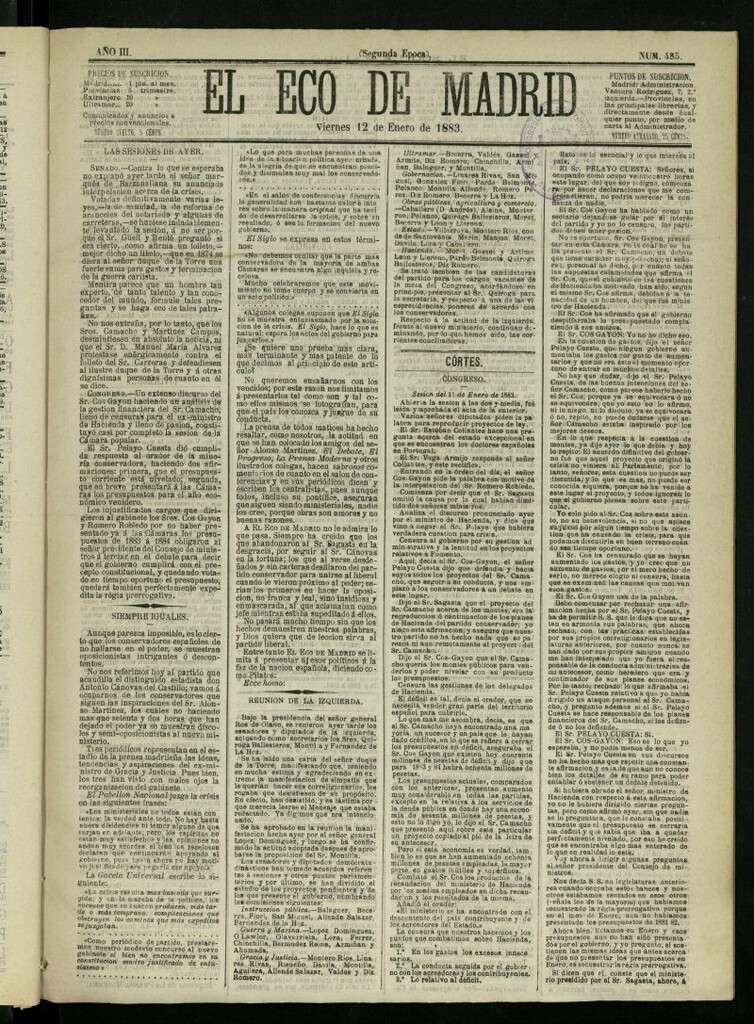 Miniatura de El Eco de Madrid : diario político de la tarde del 12 de enero de 1883, nº 485