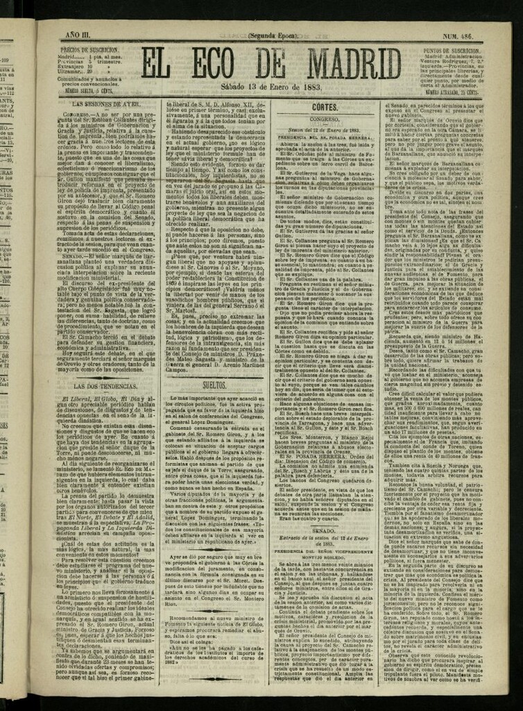Miniatura de El Eco de Madrid : diario político de la tarde del 13 de enero de 1883, nº 486