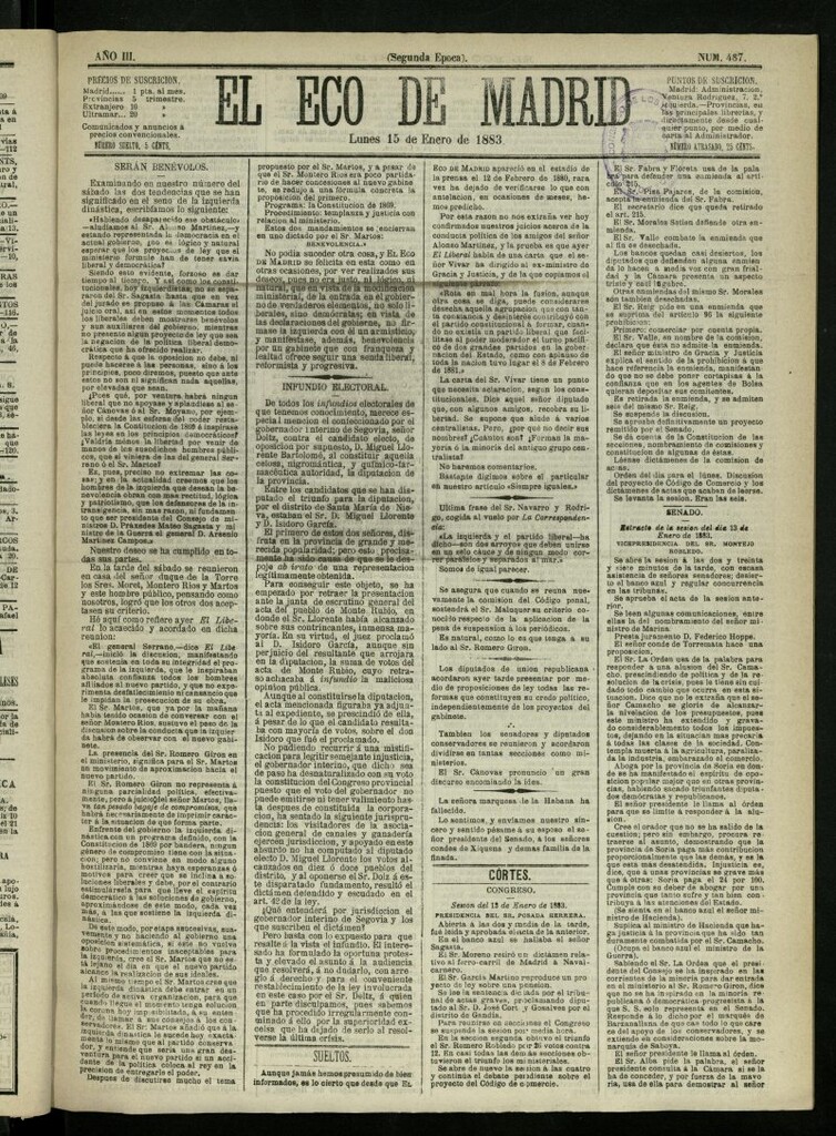 Miniatura de El Eco de Madrid : diario político de la tarde del 15 de enero de 1883, nº 487
