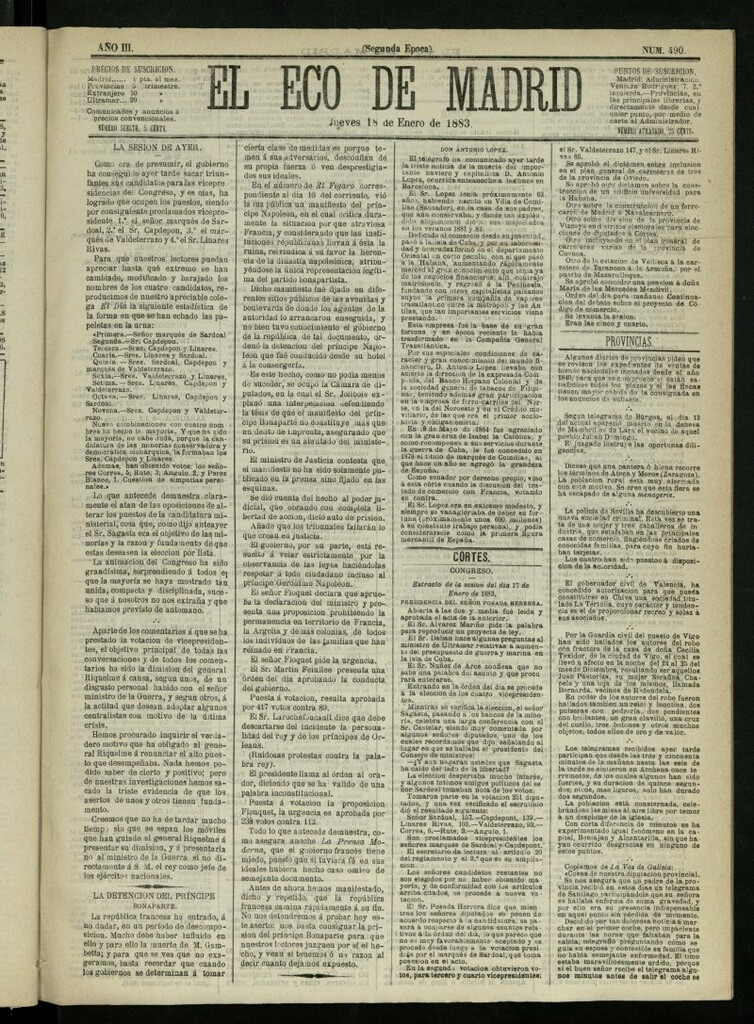 Miniatura de El Eco de Madrid : diario político de la tarde del 18 de enero de 1883, nº 490