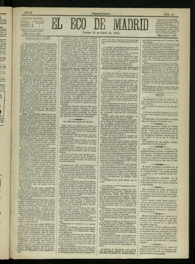 Miniatura de El Eco de Madrid : diario político de la tarde del 19 de enero de 1883, nº 491