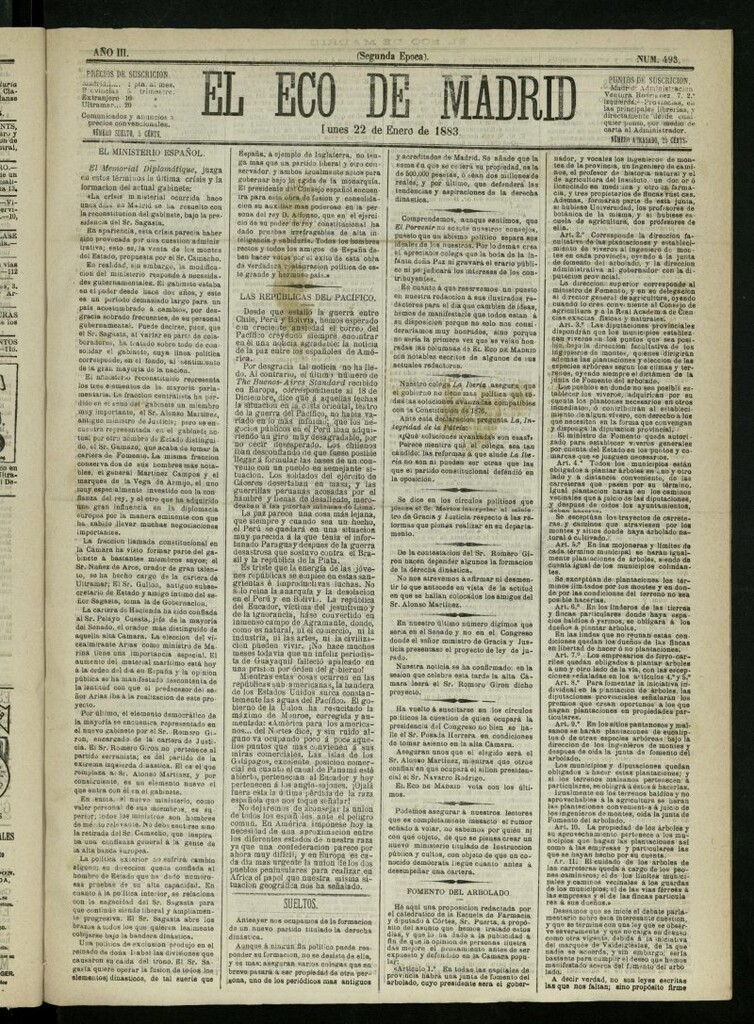 Miniatura de El Eco de Madrid : diario político de la tarde del 22 de enero de 1883, nº 493