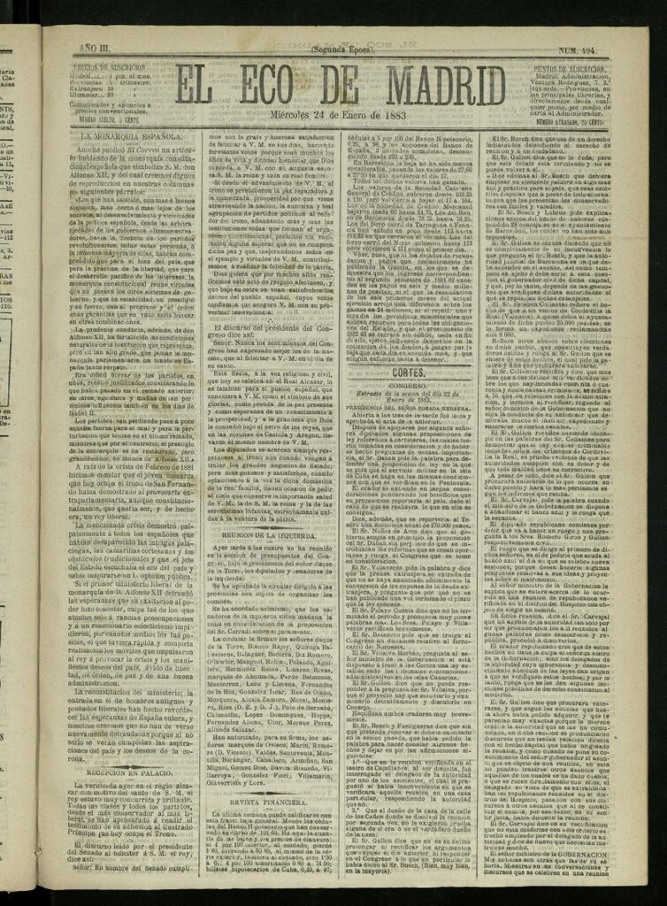 Miniatura de El Eco de Madrid : diario político de la tarde del 24 de enero de 1883, nº 494