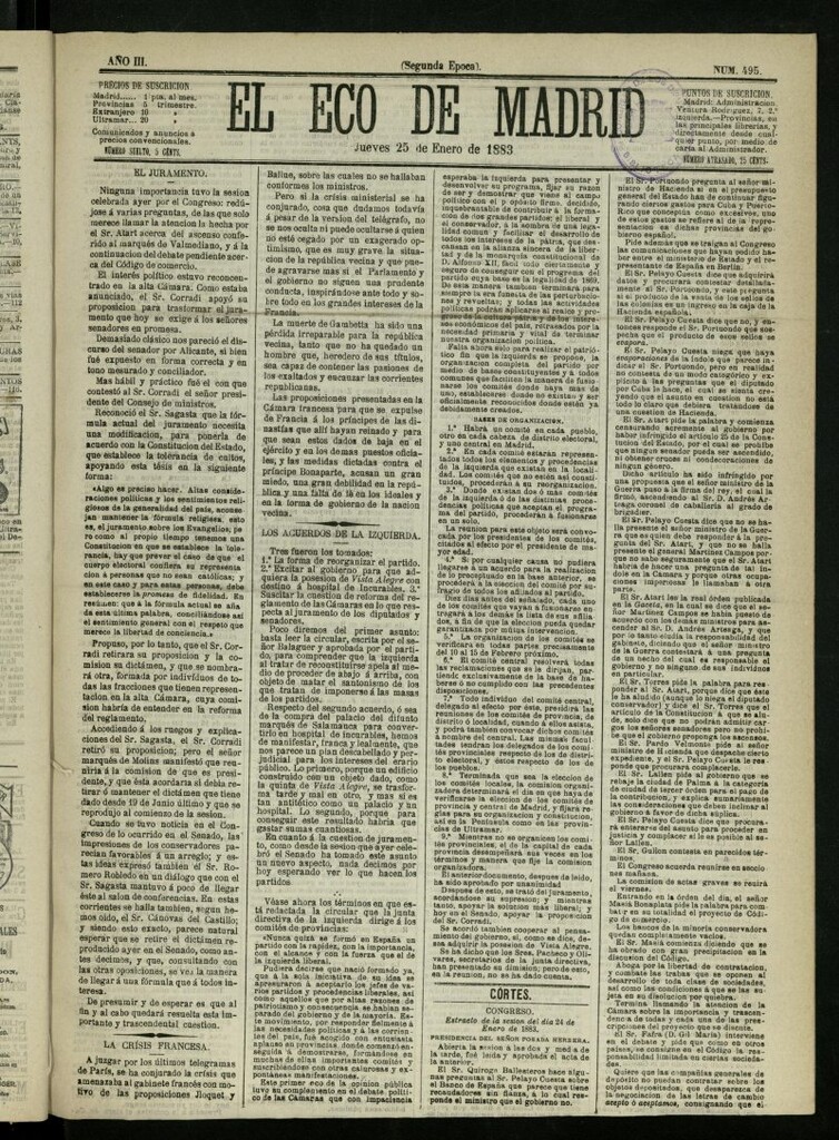 Miniatura de El Eco de Madrid : diario político de la tarde del 25 de enero de 1883, nº 495