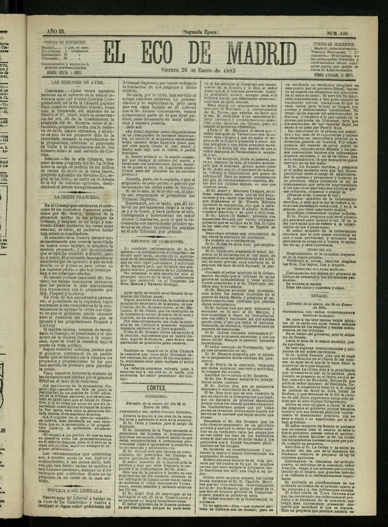Miniatura de El Eco de Madrid : diario político de la tarde del 26 de enero de 1883, nº 496