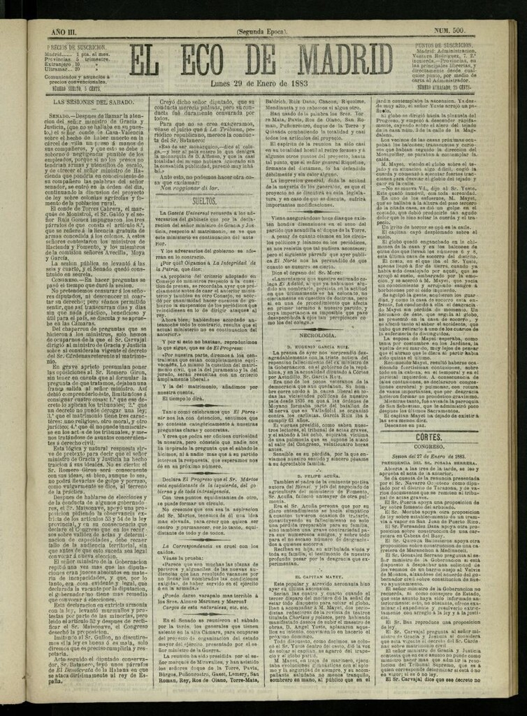 Miniatura de El Eco de Madrid : diario político de la tarde del 29 de enero de 1883, nº 500