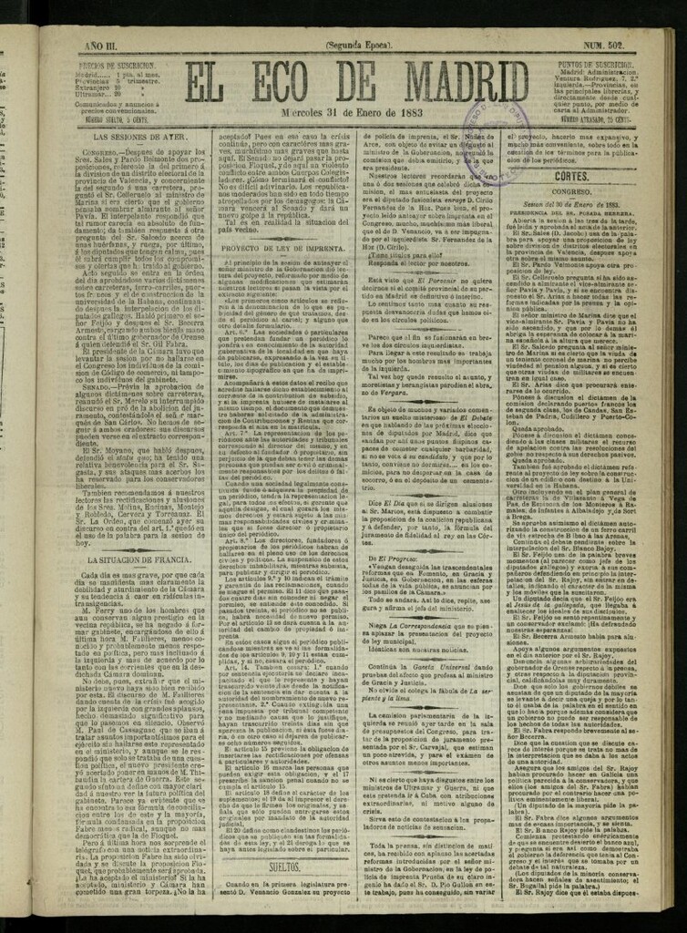 Miniatura de El Eco de Madrid : diario político de la tarde del 31 de enero de 1883, nº 502