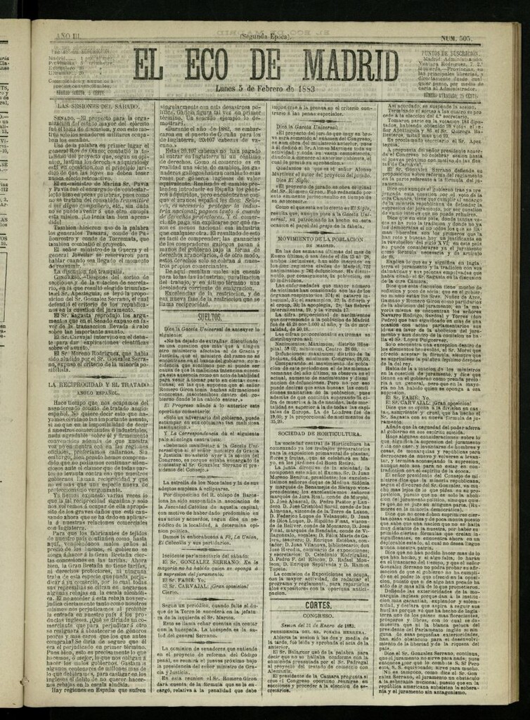 Miniatura de El Eco de Madrid : diario político de la tarde del 5 de febrero de 1883, nº 505