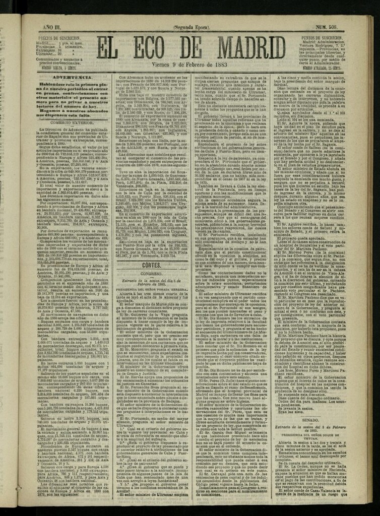 Miniatura de El Eco de Madrid : diario político de la tarde del 9 de febrero de 1883, nº 508