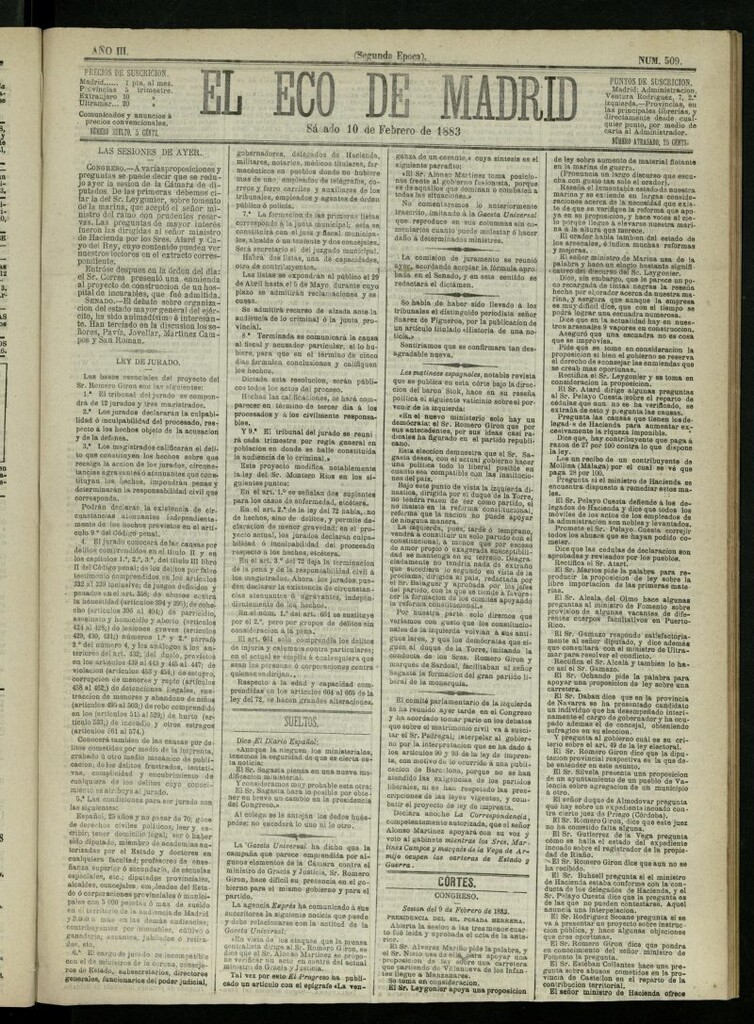 Miniatura de El Eco de Madrid : diario político de la tarde del 10 de febrero de 1883, nº 509
