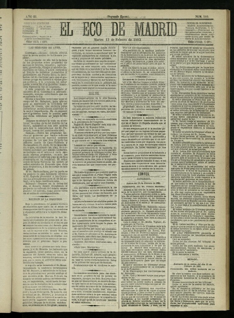 Miniatura de El Eco de Madrid : diario político de la tarde del 13 de febrero de 1883, nº 510