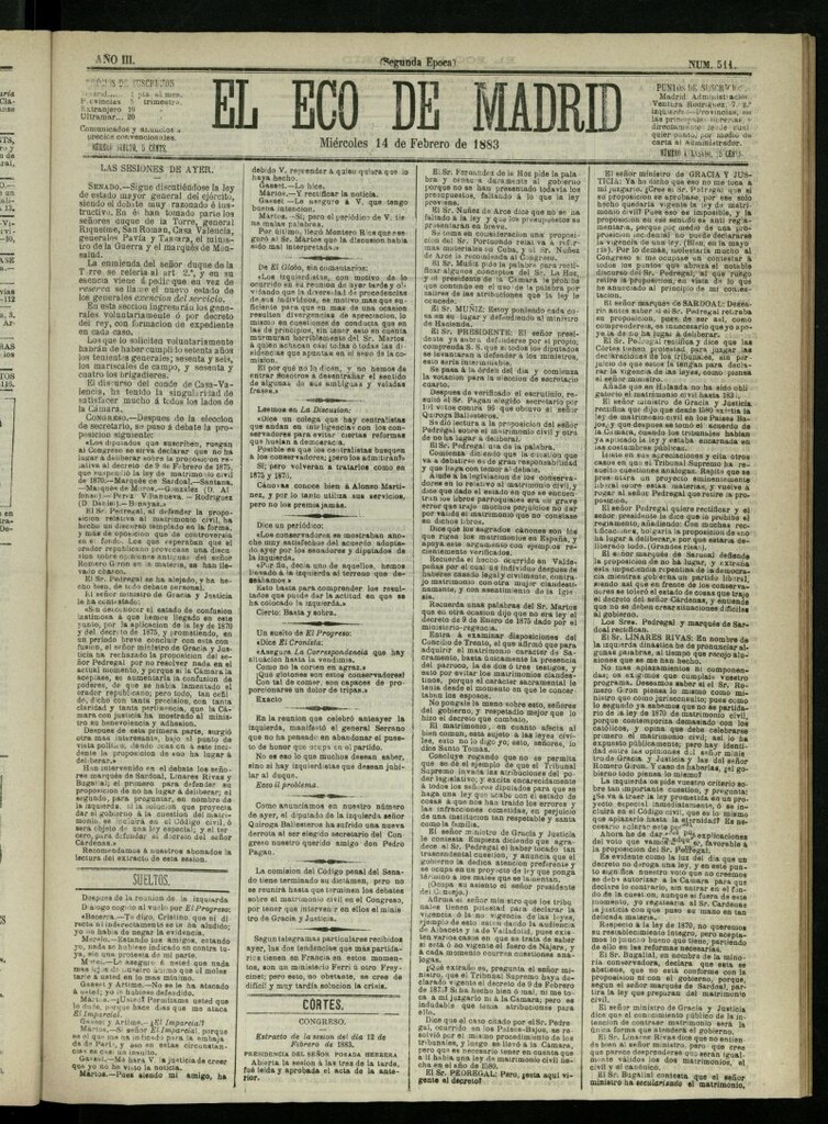 Miniatura de El Eco de Madrid : diario político de la tarde del 14 de febrero de 1883, nº 511