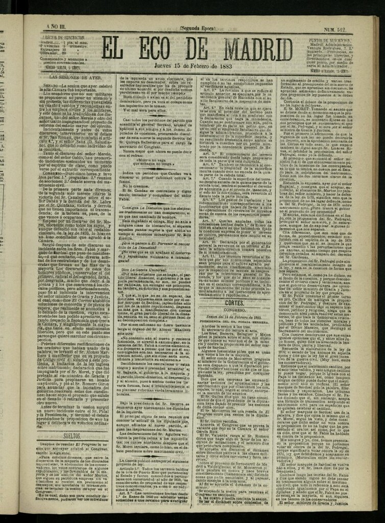 Miniatura de El Eco de Madrid : diario político de la tarde del 15 de febrero de 1883, nº 512