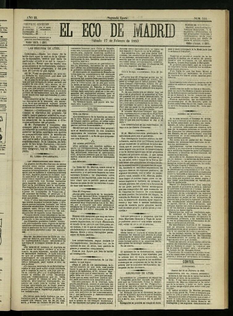 Miniatura de El Eco de Madrid : diario político de la tarde del 17 de febrero de 1883, nº 514