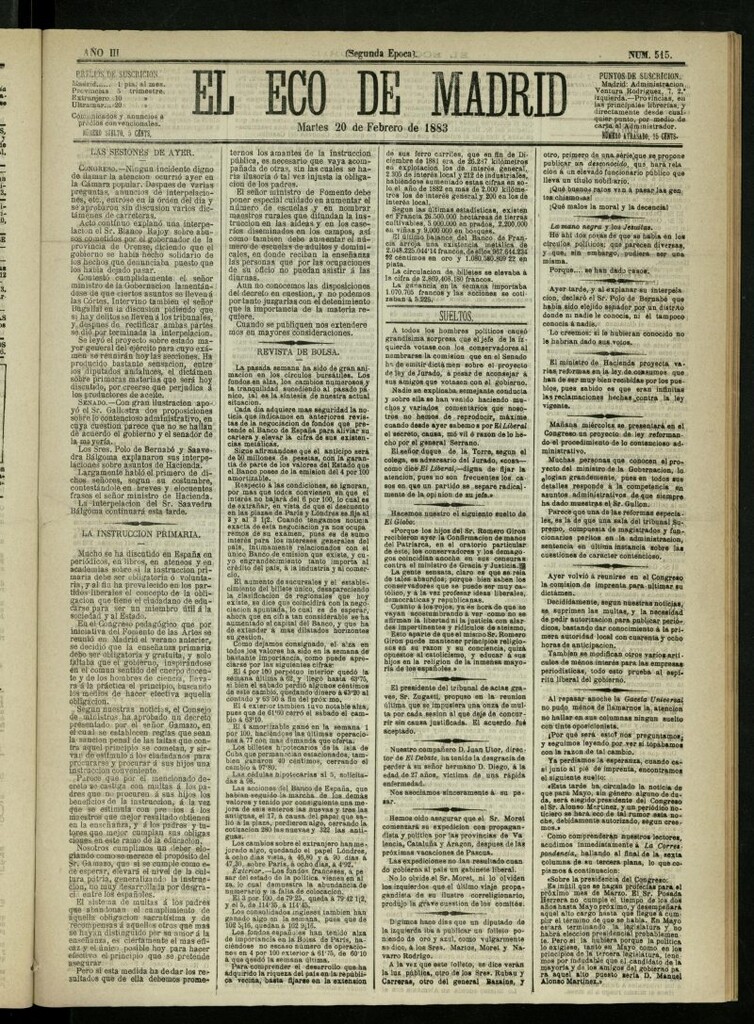 Miniatura de El Eco de Madrid : diario político de la tarde del 20 de febrero de 1883, nº 515