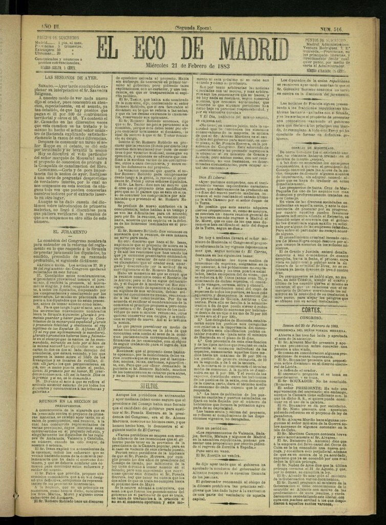 Miniatura de El Eco de Madrid : diario político de la tarde del 21 de febrero de 1883, nº 516