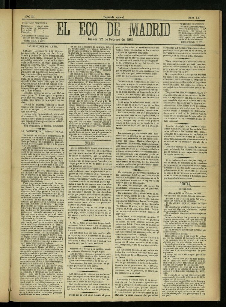 Miniatura de El Eco de Madrid : diario político de la tarde del 22 de febrero de 1883, nº 517