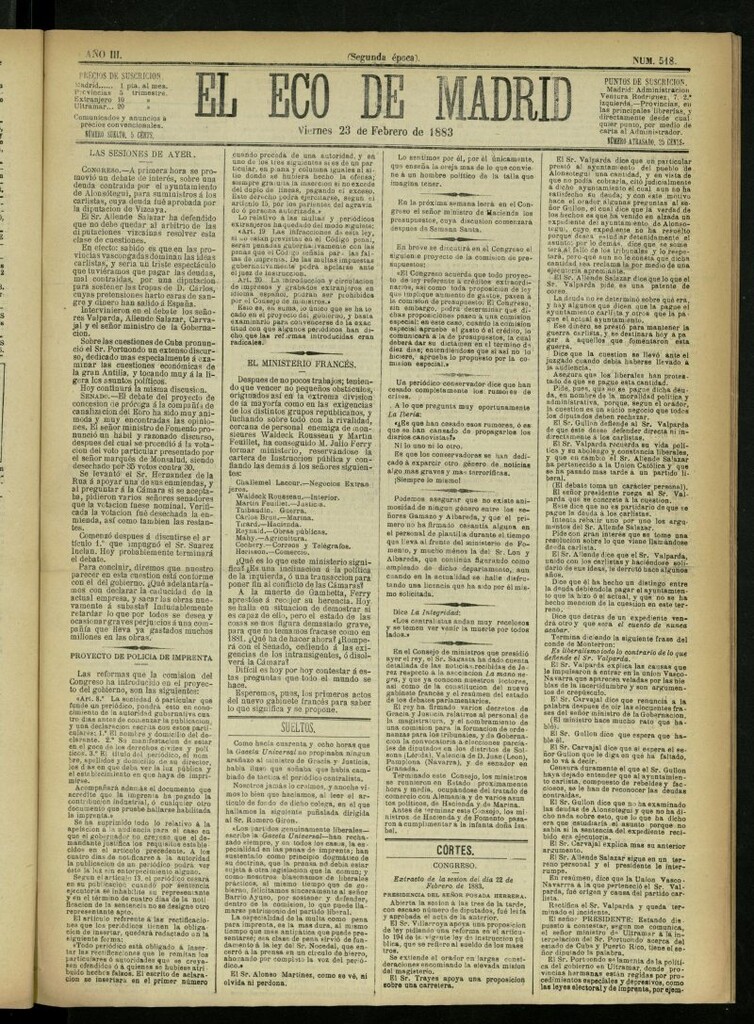 Miniatura de El Eco de Madrid : diario político de la tarde del 23 de febrero de 1883, nº 518