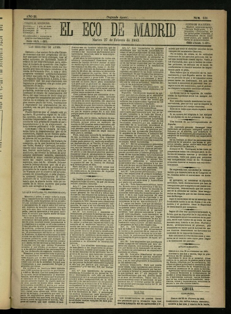 Miniatura de El Eco de Madrid : diario político de la tarde del 27 de febrero de 1883, nº 520