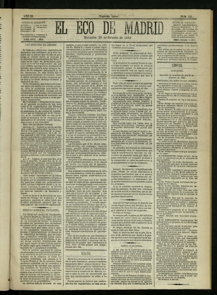 Miniatura de El Eco de Madrid : diario político de la tarde del 28 de febrero de 1883, nº 521