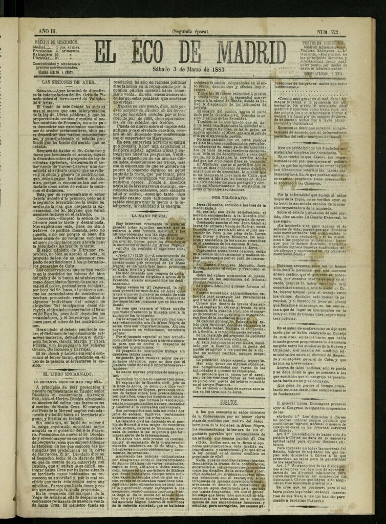 Miniatura de El Eco de Madrid : diario político de la tarde del 3 de marzo de 1883, nº 523